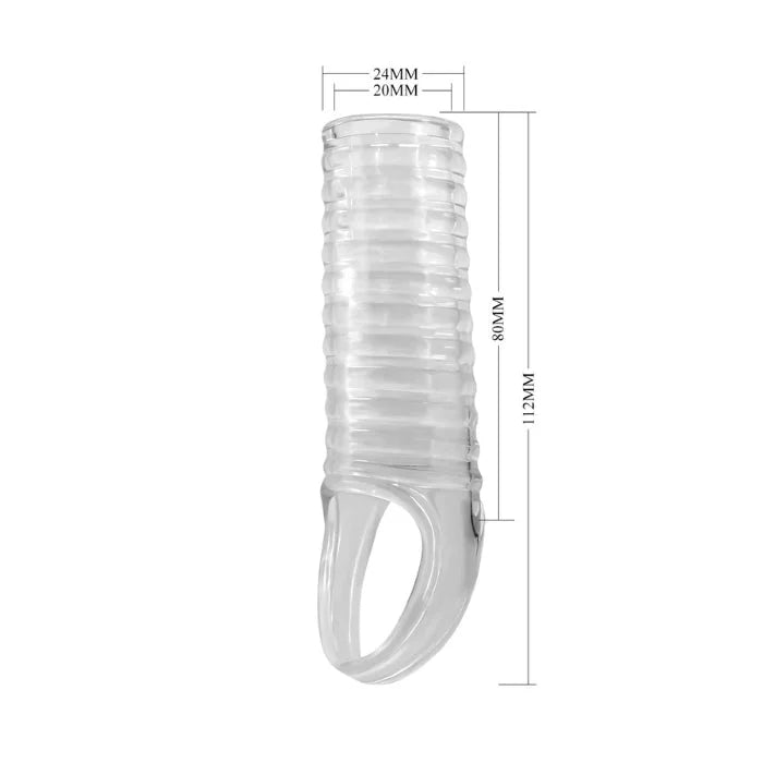 Clear Pretty Love ribbed penis sleeve with silicone finger grip