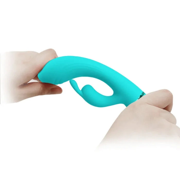 Pretty Love Scocco rabbit vibrator in aqua teal silicone with curved handle