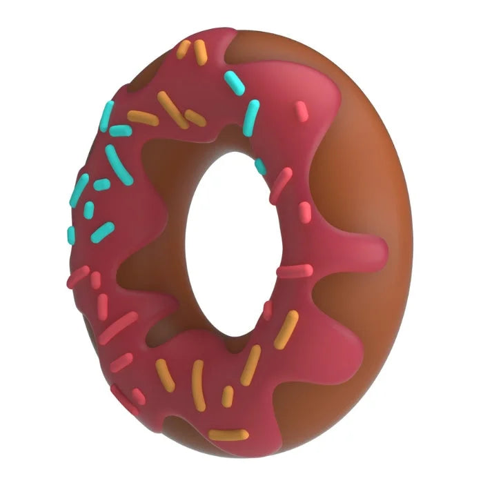 Pretty Love Super Donut pink berry cock ring with glossy pink frosting and colorful sprinkles traps blood flow