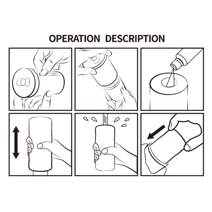 Black-and-white line drawing of Pretty Love Vagina pocket size can masturbator steps