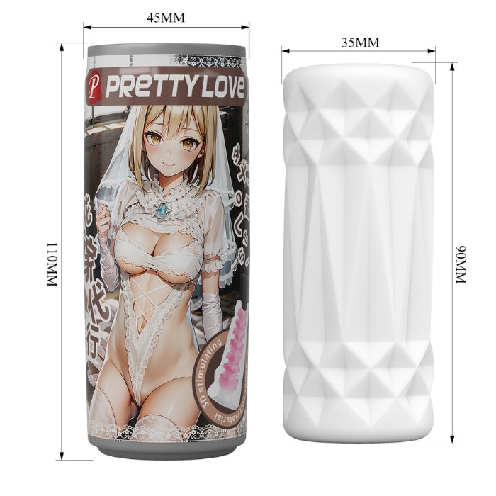 Brown Pretty Love Vagina Pocket Size Can Masturbator with white textured cylindrical vibrator in realistic TPR material and anime-themed packaging