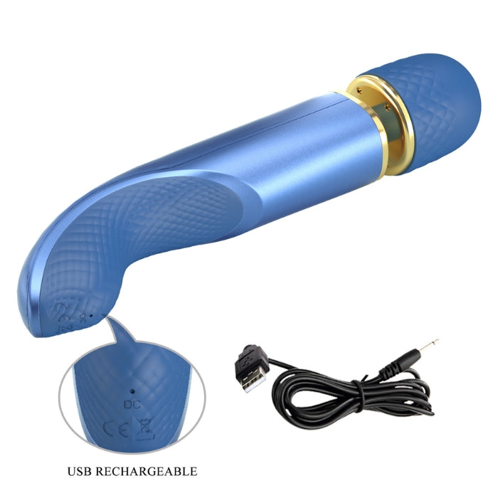 Blue Pretty Love Wand Vibrator with gold accent and textured grip