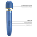 Pretty Love Wand Vibrator in blue with silicone handle, gold accents, textured grip