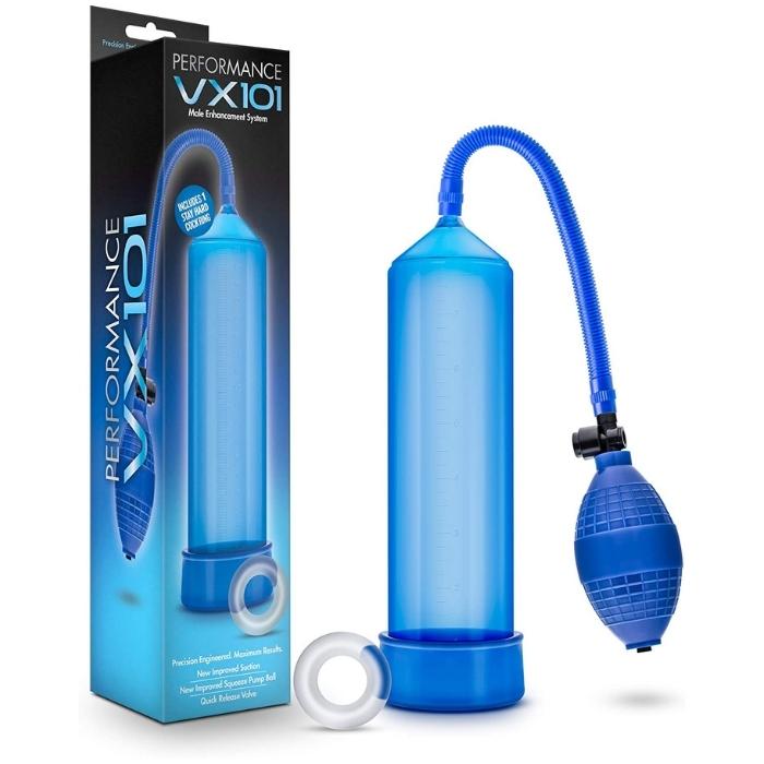 The Performance VX101 Pump is a beginner's pump featuring a medical grade ball pump, an easy release connector, and a quick release valve. It includes a soft, non-porous PVC cylinder seal for a comfortable feel and increased suction. The cylinder is made from impact-resistant plastics and is sized to fit most, this Performance Pump is easy to clean.