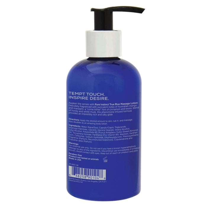 Pure Instinct Pheromone infused massage lotion, Indulge the senses, yours and theirs and bring out the irresistible in you. A combination of juicy mango and ripe mandarin gives the fragrance a delicious fruity note. 