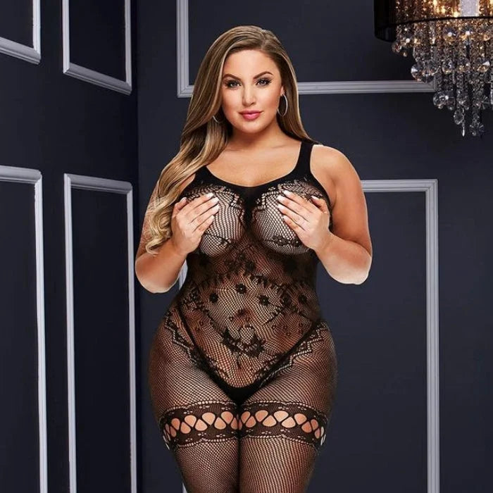 Lady Jane Adult Sex Shop | Queen Crotchless Patterned Fishnet Bodystocking Black