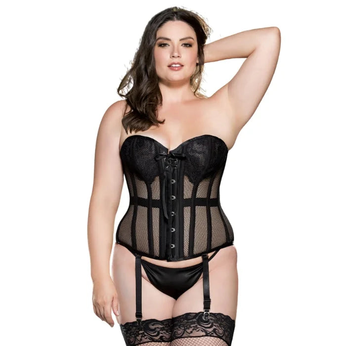 A black fishnet corset with full lace coverage over the breasts. The corset has hook and eye details down the front to fasten it, and a bow detail between the bust. The corset is a seductive and eye-catching lingerie piece perfect for special occasions.
