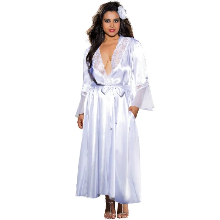 Lace and chiffon long robe with intricate lace trimmed bodice that is the perfect complement to the luxurious chiffon fabric, and the built-up shoulder seam adds a touch of regality to the overall design. The fitted waist and self-belt closure create a flattering silhouette, emphasizing your curves. The full sweep to the hem of the robe offers even more luxuriousness. This robe also comes with convenient side pockets and an inner tie closure.