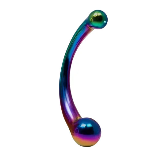 Rainbow curvy stainless steel dildo with rainbow-tinted curved barbell and spherical ends for targeted stimulation