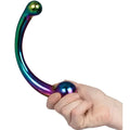 A sleek rainbow curvy stainless steel dildo with iridescent c-shaped handle and polished spherical ends for targeted stimulation