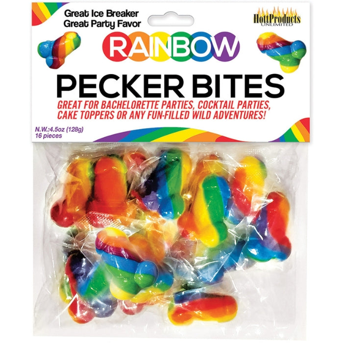 The Rainbow Pecker Bites are a colorful penis shaped great tasting candy, perfect for bachelorette parties, pride events or any fun/naughty even you think they would fit in.