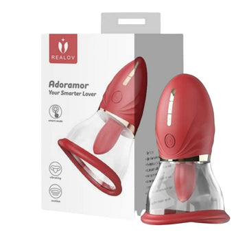 Clitoral massager with massaging tongue. 6 amazing suction modes, 6 vibration and licking modes. Each licking and vibration function can be used separately. Battery charging. Dimensions: length 4,6cm; 6.1cm; 12,5cm. Diameter 2,5cm; 5.9cm; 10cm