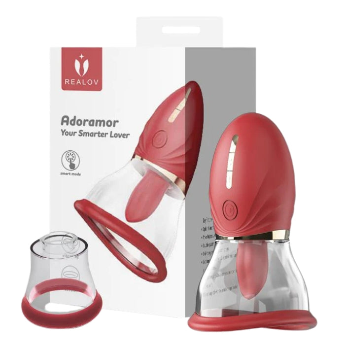 Red silicone Realov clitoral stimulator with suction cup sizes and USB magnetic charging