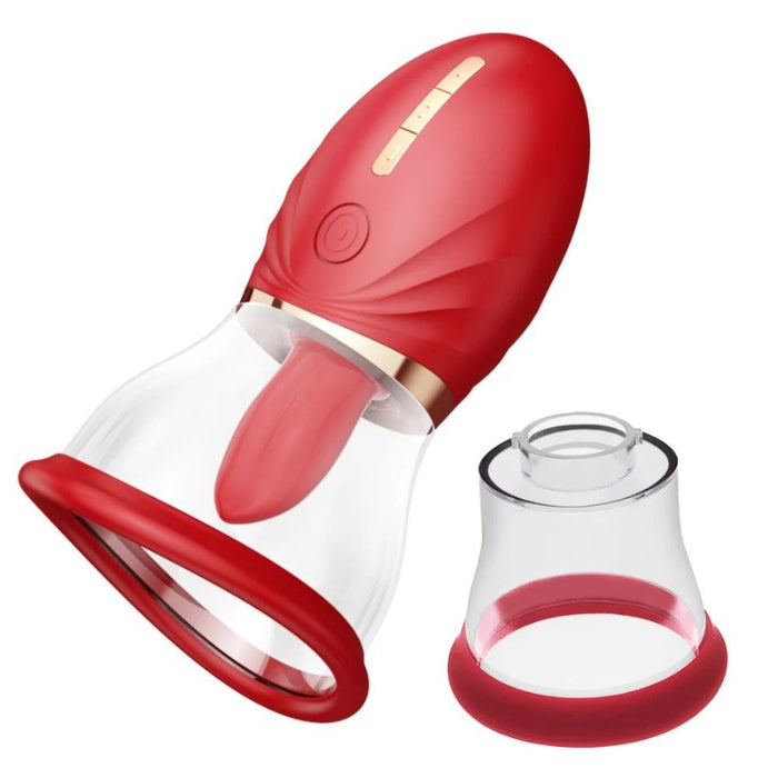 Red silicone REALOV clitoral stimulator with suction cup sizes and USB magnetic charging