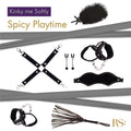 The Rianna S Kinky me softly black handbag kit, 7 piece is the perfect accessory for the adventurous and stylish woman who loves to explore her kinky side. This set of 7 includes a feather, nipple clamps, hand and ankle cuffs that can be attached or detached from a joiner, it also includes a blindfold and flogger with wrist band. All of this comes in a gorgeous fold out 40cm by 31cm black handbag.