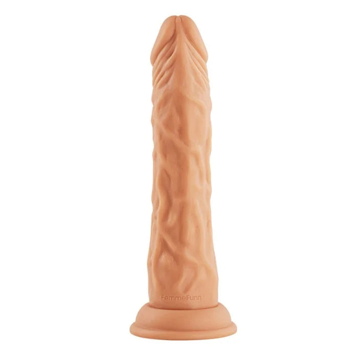 Peach-colored silicone rotating femme funn vibrating dildo with realistic texture and powerful vibration modes