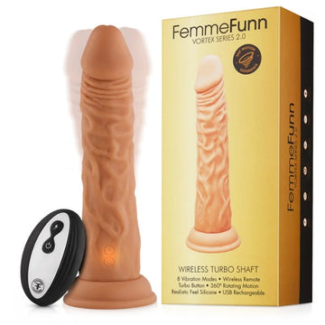 Tan silicone rotating femmefunn vortex series 2.0 dildo with powerful vibration modes and glowing base for no scrotum use