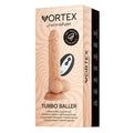 Rotating femme funn no scrotum vibrating dildo light is a peach liquid silicone toy with sculpted contours and powerful vibration modes