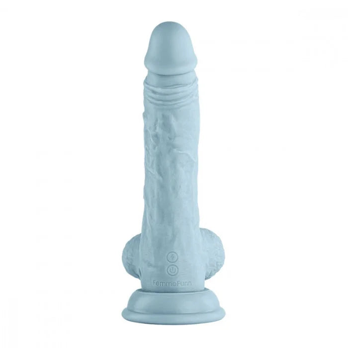 Light blue rotating femme funn vibrating dildo made of premium liquid silicone with turbo button and textured surface