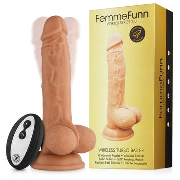 Realistic flesh-colored premium liquid silicone femmefunn vortex series 2.0 wireless turbo baller with vibration modes and black and white remote control