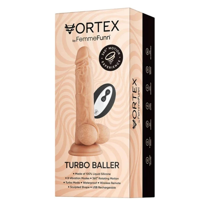 The rotating femme funn scrotum vibrating dildo light is a peach premium liquid silicone toy with dual vibration modes and turbo button