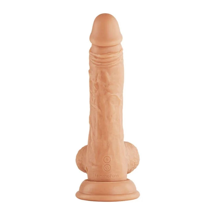 Peach-colored femmyfun rotating scrotum vibrating dildo with textured surface, premium liquid silicone and turbo button