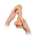 Beige premium liquid silicone rotating femme funn scrotum vibrating dildo with textured surface and turbo button