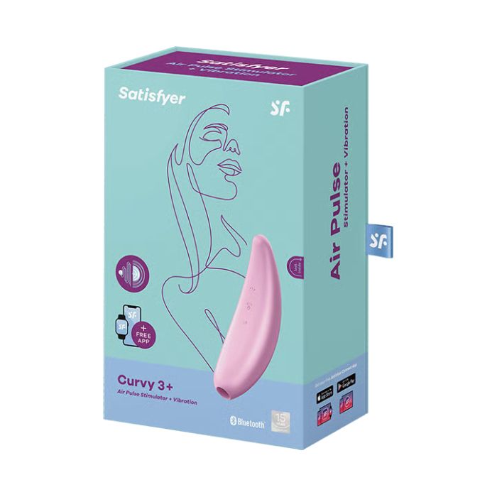 Pink Satisfyer Curvy 3+ air pulse stimulator with app in teal purple box