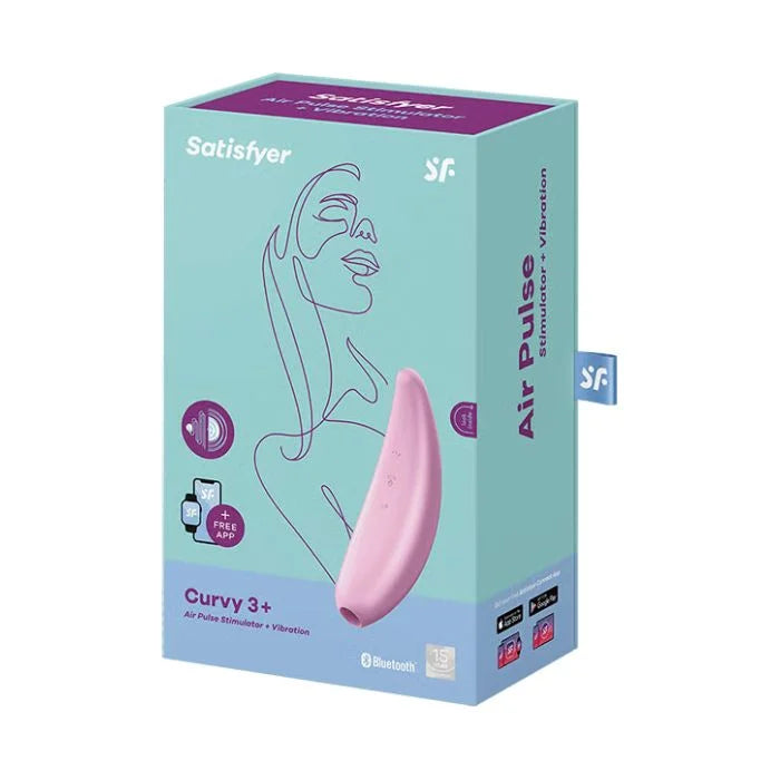 Pink Satisfyer Curvy 3+ air pulse stimulator with app in teal purple box