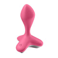 Pink silicone satisfying game charger medium vibrating anal plug with tapered tip and power button base for prostate stimulation
