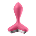 Pink silicone vibrating anal plug medium with tapered tip and silver metallic base featuring two small buttons