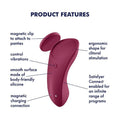 The Sexy secret is a maroon coloured panty vibrator. It has a magnetic clip that ensures the secret stays secured. It has a smooth surface made of body safe silicone. The sexy secrey connects with the free satisfyer app with an infinite range of programs for endless fun.