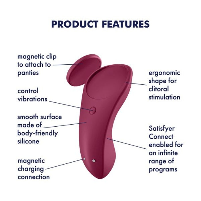 The Sexy secret is a maroon coloured panty vibrator. It has a magnetic clip that ensures the secret stays secured. It has a smooth surface made of body safe silicone. The sexy secrey connects with the free satisfyer app with an infinite range of programs for endless fun.