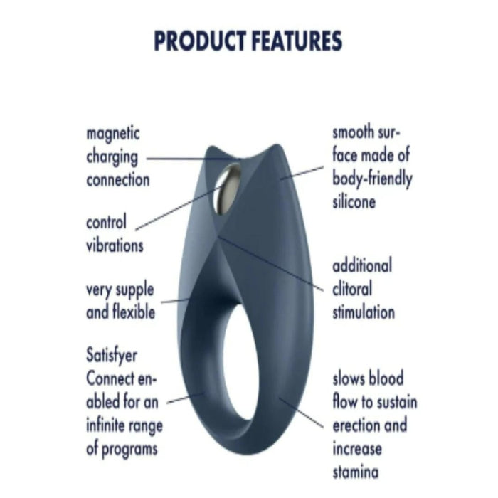 The royal One cock ring slows the blood flow to sustain a good erection and increase stamina. Smooth surface made of body safe silicone. Magnetic charging connection. Supple and flexiple with extra ridge for clitoral stimulation. Can connect to the free satisfyer app for an infinite range of programs.