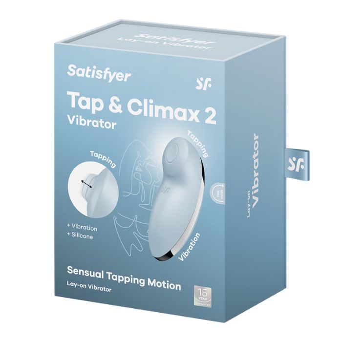 Satisfyer Tap & Climax 2 blue lay-on vibrator with vibration modes and tapping programs at Lady Jane Adult Shop