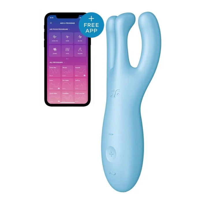 Light blue silicone satisfyer threesome 4 vibrator with dual-headed design for targeted stimulation and app controlled use