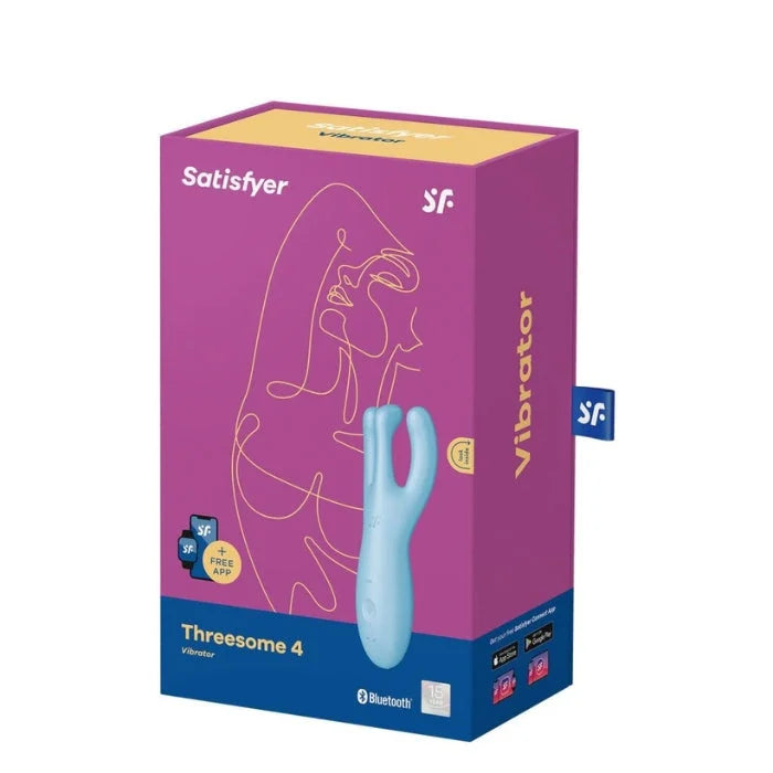 Light blue satisfyer threesome 4 vibrator in purple and yellow packaging with app controlled targeted stimulation features