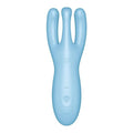 Light blue silicone satisfyer threesome 4 vibrator with three curved prongs and app controlled targeted stimulation buttons