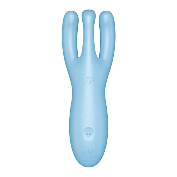 Light blue silicone satisfyer threesome 4 vibrator with three curved prongs and app controlled targeted stimulation buttons