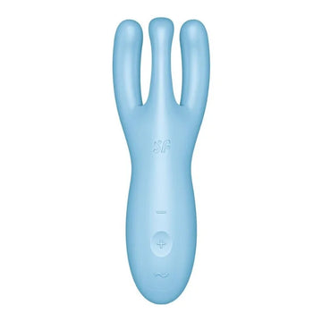 Light blue silicone satisfyer threesome 4 vibrator with three curved prongs and app controlled targeted stimulation buttons