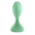 A sleek mint-green silicone vibrating anal plug with ergonomic design and power button for prostate stimulation