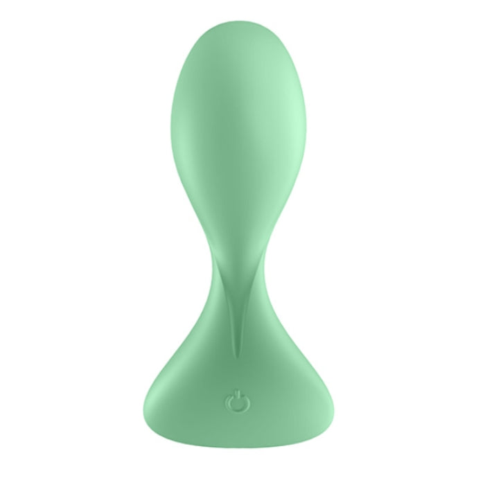 A sleek mint-green silicone vibrating anal plug with ergonomic design and power button for prostate stimulation