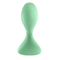 A sleek mint-green silicone vibrating anal plug with ergonomic design and power button for prostate stimulation