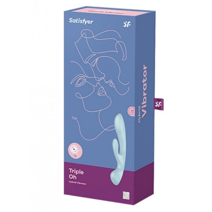 Satisfyer Triple Oh Hybrid Vibrator in light blue silicone for simultaneous G-spot and clitoral stimulation