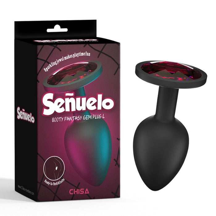 Senuelo Booty Fantasy Gem Anal Plug - Large Black Silicone with Red Gem
