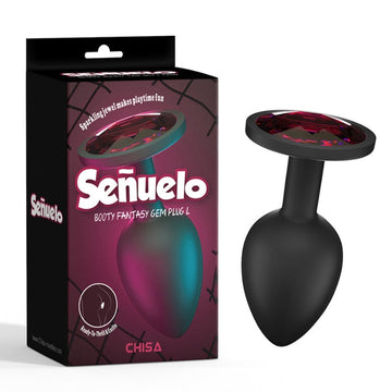 Senuelo Booty Fantasy Gem Anal Plug - Large Black Silicone with Red Gem