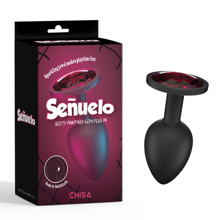 Senuelo Booty Fantasy Gem Anal Plug - Medium Black Silicone with Red Gem