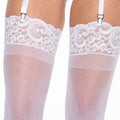 Crafted from high-quality sheer material, these stockings boast a subtle yet alluring shimmer that catches the light beautifully with every movement. The lace top adds a touch of femininity and delicacy, while also ensuring that the stockings stay securely in place for all-day comfort. One size fits most.