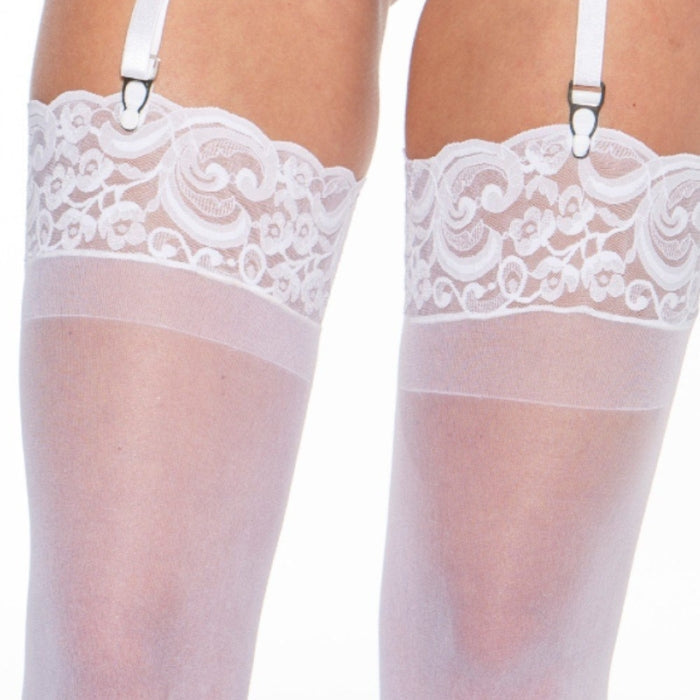 Crafted from high-quality sheer material, these stockings boast a subtle yet alluring shimmer that catches the light beautifully with every movement. The lace top adds a touch of femininity and delicacy, while also ensuring that the stockings stay securely in place for all-day comfort. One size fits most.