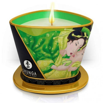 Shunga Body candles made with soy butter. This deliciously strong scented Green Tea candle is the perfect way to spoil your partner with endless body massages. Leaves skin soft and silky and can be used all over the body.